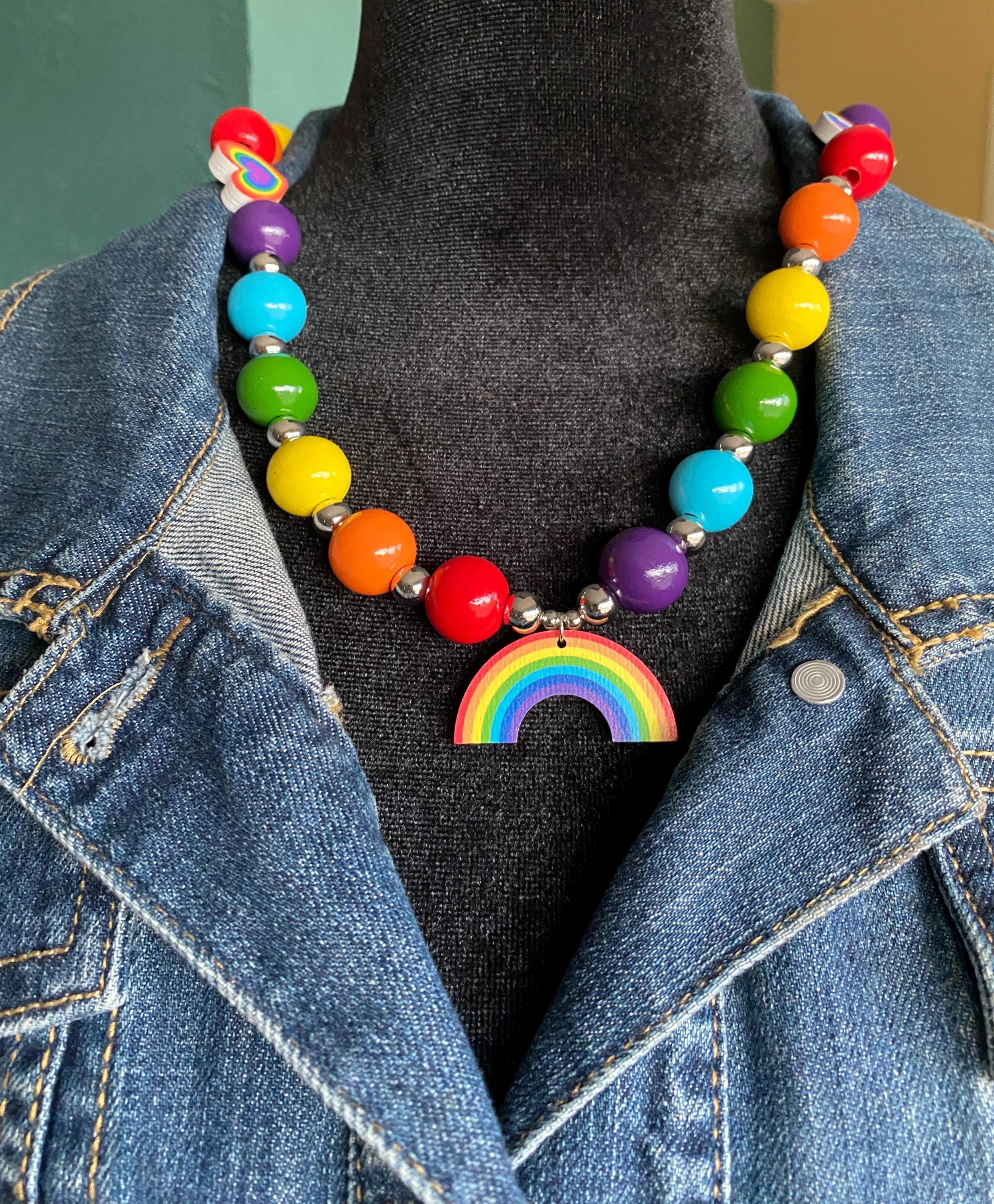 PRIDE Chunky Wooden Rainbow and Silver Beads with Rainbow, Heart and Peace Sign Wooden Charms