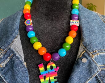PRIDE Chunky Wooden Rainbow and Silver Beads with Large LOVE Charm and smaller Rainbow Heart, Love and Peace Sign Wooden Charms