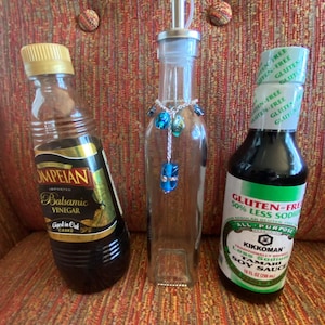 Glass Olive Oil Dispenser with Spout Stopper, Decorated with Beautiful Blue Beads and Stars. Can be Personalized with Different Colors.