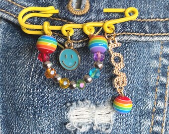 PRIDE Bright Yellow Safety Pin/Broach with Rainbow Beads, Love and Happy Face Charms.