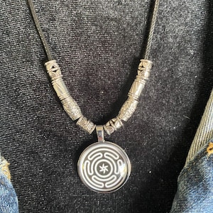 Black and White Labyrinth Pendant Necklace with Silver Beads on a Black Rope Chain