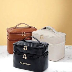 Women’s Double-Layer Leather Makeup & Toiletry Bag – Large Capacity, Waterproof, Stylish