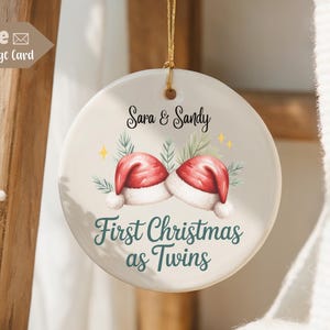 Personalized First Christmas as Twins Ornament, Custom Name Xmas Gift For Boy Girl Babies, Cute Santa Hat Keepsake, Pregnancy Announce Gift