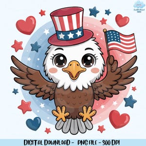 Aquila americana patriottica in formato PNG, design per il 4 luglio per bambini, clipart di animali patriottici, download digitale del Giorno dell'Indipendenza, simpatico PNG con la libertà degli Stati Uniti
