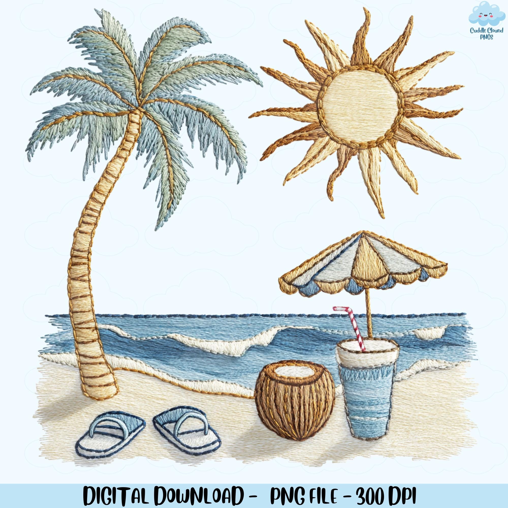 Beach Vibes Faux Embroidery PNG, Summer Coastal Clipart, Palm Tree PNG, Holiday Beach PNG, Sublimation File for Shirt, Tote, Pillow Case