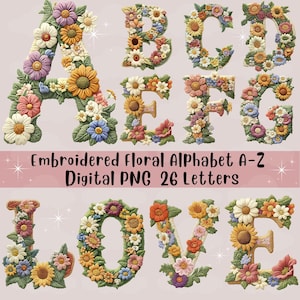 Alfabeto floral con bordado falso (PNG), A-Z (PNG), paquete digital de 26 letras, clipart vintage, diseño de monograma, descarga editable en Canva