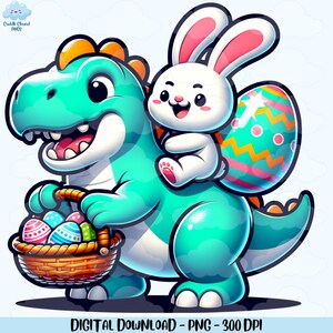 Dinosauro e coniglio di Pasqua PNG, Dino carino PNG per ragazzo, Clipart coniglietto pastello, Download digitale di buona Pasqua, Clipart per bambini con caccia alle uova colorate