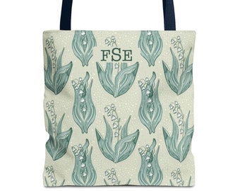 Lily of the Valley Tote Bag, Custom Birthday gift, monogram bag, mother day gift, canvas tote for her, gardening gift