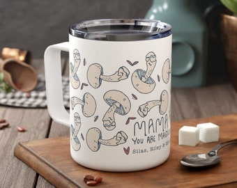 Personalized Mushroom Coffee Mugs for Mom, Mama Mug, First Mother's Day, Insulated Mug, New Mom Gift, Custom with Kids Names, Birthday Gift