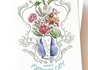 2026年、妻への母の日カード（花柄）、ヴィンテージスタイル：手描きの水彩画の花束、内側にパーソナライズされたメッセージを入れるオプションあり