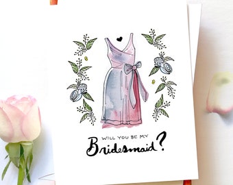 Conjunto de tarjetas de propuesta de dama de honor: Diseño de vestido en acuarela