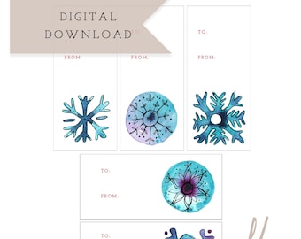 Printable Gift Tags for Holiday, Set of 5 Boho Snowflake Digital Gift Tags, Ready to Print, xmas gift tags, Christmas favor tags, watercolor