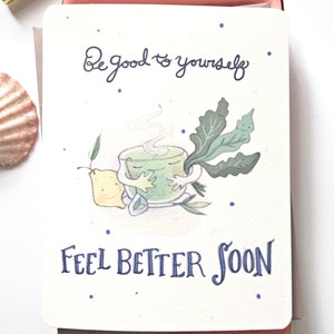 Cartão de melhoras com matcha, cartão fofo para melhoras, cartão de recuperação, cartão de bem-estar, cartão de atenção plena, chá verde, amor, cartões de amizade