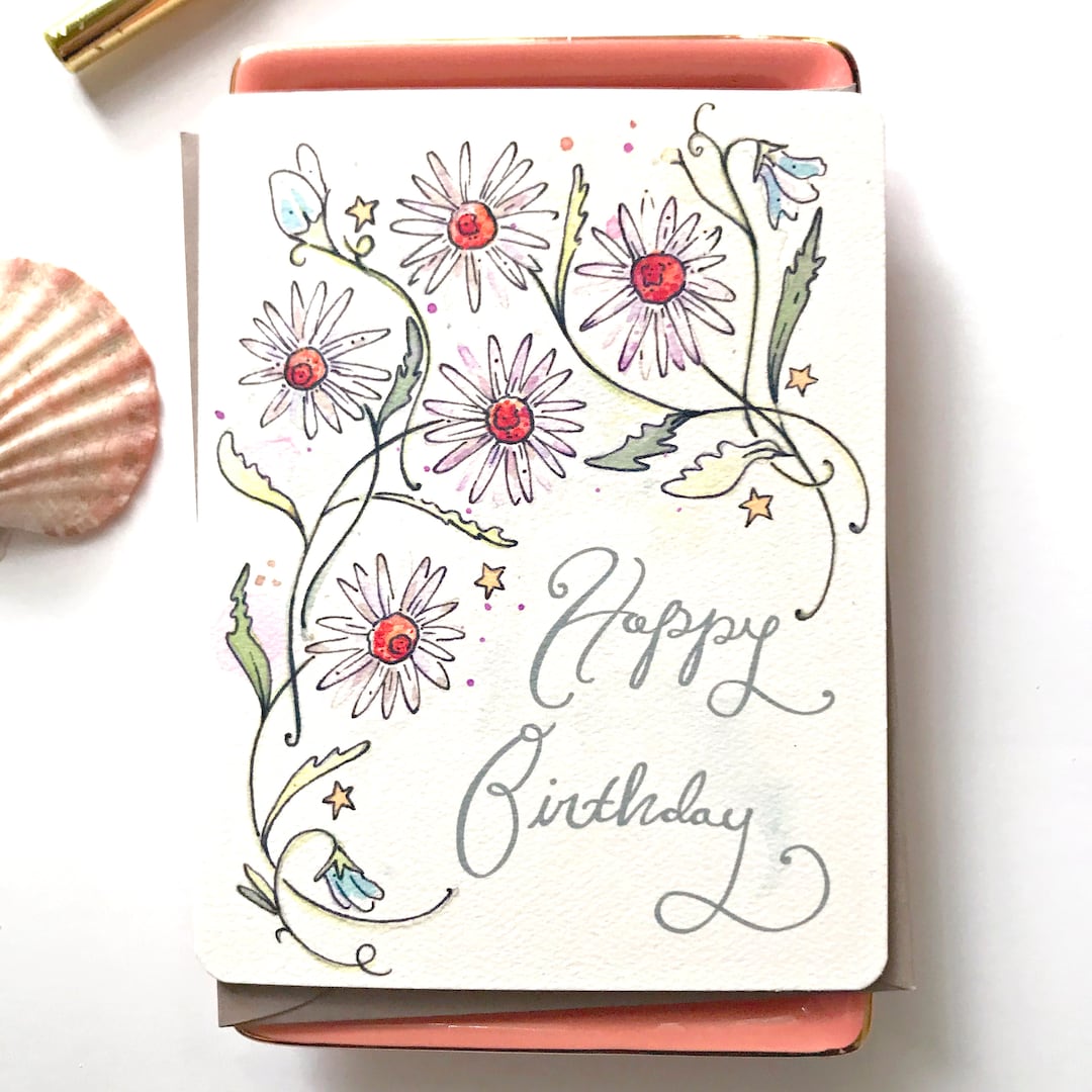 Daisy Birthday Card: Hand-lettered Floral Greeting - Etsy