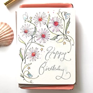 Tarjeta de feliz cumpleaños, tarjeta de margarita, tarjeta de cumpleaños de verano, tarjetas de felicitación de cumpleaños, tarjeta de cumpleaños floral en blanco, flor de nacimiento de abril