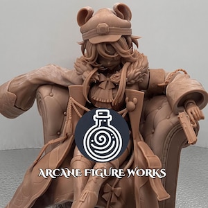 May include: A detailed, unpainted resin figure of a character seated in a tufted armchair, holding a pistol. The figure wears a hat and coat. A circular logo with a bottle design is visible. Text at the bottom reads "Arcane Figure Works."