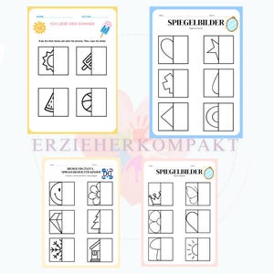 Peut inclure: Quatre feuilles de travail éducatives pour enfants, avec des dessins symétriques d'objets. Les feuilles de travail sont en allemand et présentent des images de soleil, de crème glacée et de tranche de pastèque. Pour dessiner et colorier.