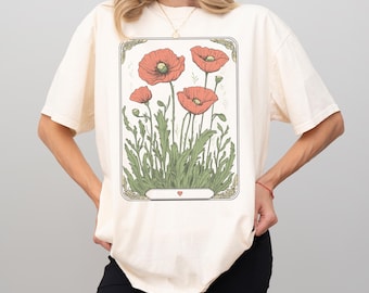 Flower Tarot Shirt, Poppy Flower shirt, Poppy flower top, Boho Wildflowers Comfort Colors Shirt, Vintage Pressed flowers Shirt, floral shirt