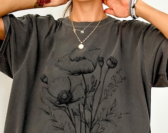 Poppy flower top, Botanical shirts, Wildflower Shirt, Vintage cottagecore tshirt, Floral Shirt women, Boho Wildflowers shirt, Floral shirt
