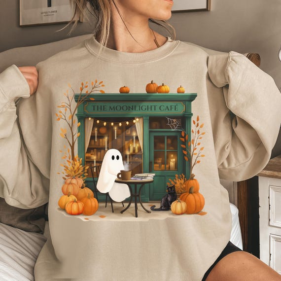 Ghost Cafe Sweatshirt, Cozy Fall Coffee Shirt, Halloween Ghost Tee, Spooky Season Pumpkin Shirt, Books & Coffee Lover Gift, Candlelight cafe