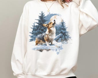 Retro Corgi Howling Sweatshirt, Vintage 90s Winter Scene Corgi Mom gift, Funny Howling at Moon Corgi Shirt, Snowy Forest Corgi Mom shirt