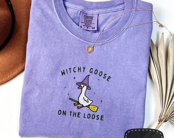Embroidered Witchy Goose shirt, Comfort Colors Spooky Goose Shirt, Halloween goose shirt, Embroidery spooky goose tshirt