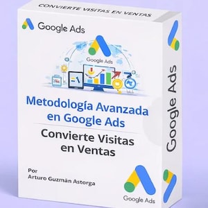 May include: A white box with the Google Ads logo and the text "Metodología Avanzada en Google Ads" and "Convierte Visitas en Ventas." The box has a light purple background and features a graphic of a computer screen with charts and graphs.