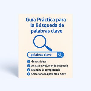 Puede incluir: Una tarjeta color crema con texto y gráficos azules. El texto dice "Guía Práctica para la Búsqueda de palabras clave" e incluye una lupa sobre una barra de búsqueda con "palabras clave". Pasos numerados detallan la investigación de palabras clave.