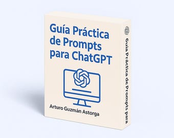 May include: A beige book cover with the title "Guía Práctica de Prompts para ChatGPT" in blue text. The cover also features a blue icon of a computer screen with a stylized blue flower inside.