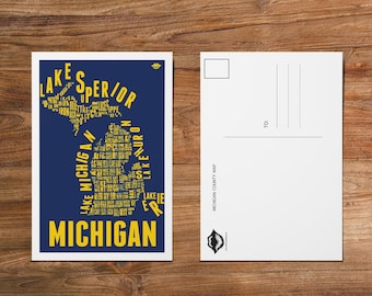 U of M - Michigan County Map - 4in x 6in Postcard / Framable Art