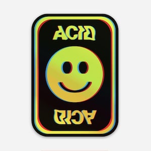 ACID SMILEY FACE ホログラフィックステッカー - ハウス、テクノ、エレクトロニックミュージックフェスティバル、レイブ、スケートボード、スケーター、ポップカルチャー、ヒッピー、アート、デザイン