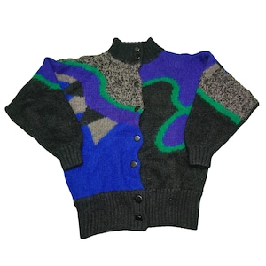 Vintage 80s Mohair Cardigan Sweater – Abstract Pattern, Oversized Fit, Cozy Button-Up, Retro Statement Knitwear, Unisex Boho Style