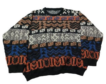Vintage 90s Coogi Style Knit Sweater: Retro Geometric Pullover