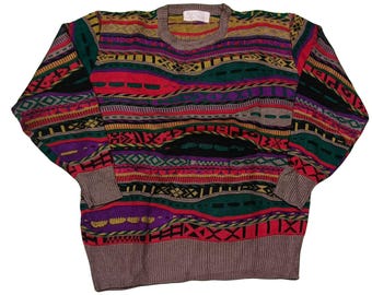 Vintage Coogi Style Sweater 90s Multicolor 3D Knit Retro Pullover Unisex