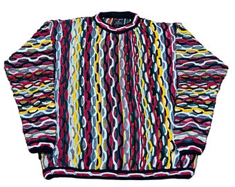 Vintage 90s Bergati Coogi Style Sweater XL: Multicolor 3D Knit Pullover