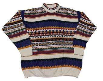 Vintage 90s Coogi Style Textured Knit Sweater | Abstract Geometric 80s Pullover | Cosby Biggie Jumper