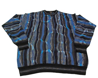 Vintage Protégé Strickpullover Größe L Blau Muster Rundhals Multicolor Cosby Biggie Pullover