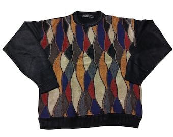 Vintage 90s Coogi Style Knit Sweater: Multicolor 3D Jumper, Size XL