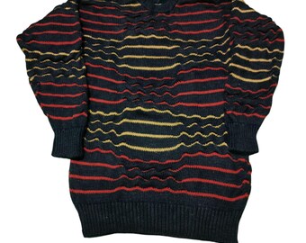 Vintage Coogi Style 3D Knit Sweater, Retro 90s Multicolor Wool Pullover Size L