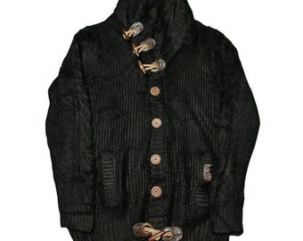 Leif Nelson Chunky Knit Coatigan | Black Shawl Collar, Toggle Buttons (Size L Slim Fit)