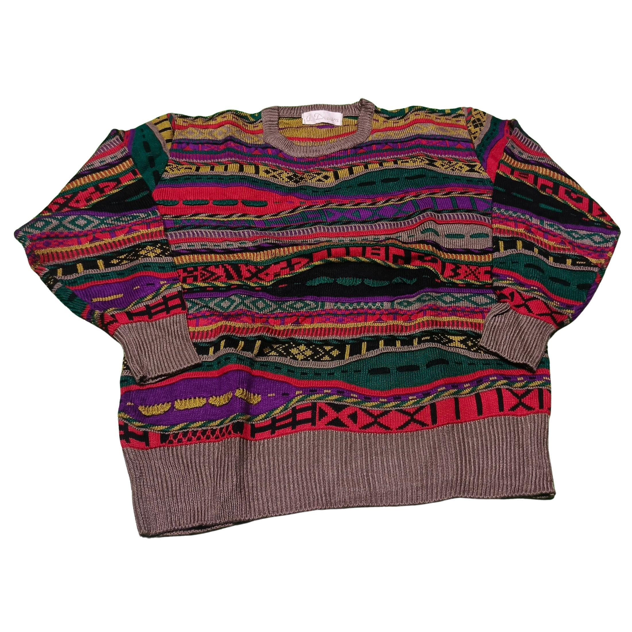 Vintage Coogi Style Sweater 90s Multicolor 3D Knit Retro Pullover