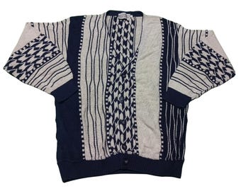 Vintage 90s Coogi Style Cardigan: Geometric Knit Grandpa Sweater