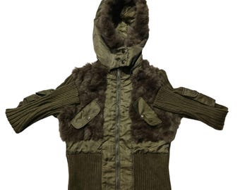 Vintage Rabbit Fur Hoodie Jacket: Olive Green Knit, Size S
