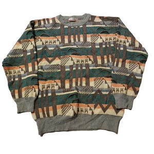 Vintage 90s Coogi Style Sweater | Retro Textured Knit Pullover | Geometric Pattern | Oversized Fit | Streetwear | Cosby Biggie