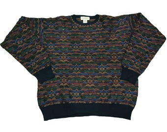 Vintage 90s Coogi Style Wool Sweater: Earth Tone Geometric Knit, Boxy Fit M/L