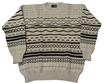 Vintage 90s Rapp Coogi Style Knit Sweater: Earth Tone Abstract Jumper - Size L