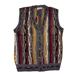 Cardigan senza maniche stile Eiffel Coogi vintage anni '90, taglia M, maglia testurizzata, abbottonatura frontale.