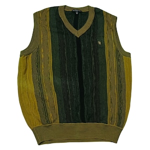 May include: A sleeveless sweater vest with a V-neck design. The vest features vertical stripes in shades of green and gold, with a ribbed hem and neckline. A small logo is visible on the chest.