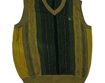 Vintage Coogi Style Textured Knit Sweater Vest | 90s Abstract Vertical Stripe Pullover | V-Neck Vest
