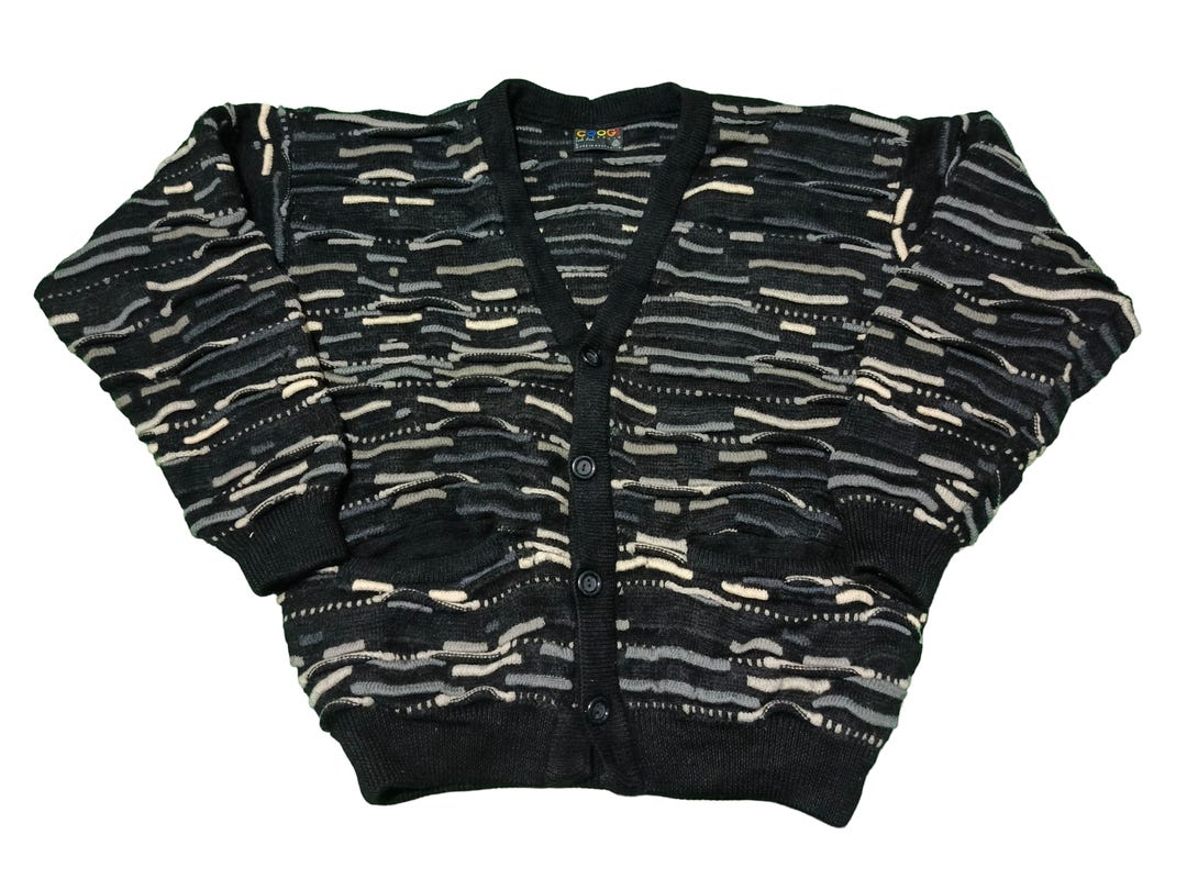 Vintage Coogi Wool Cardigan: 3D Textured Knit, Retro Hip Hop (size